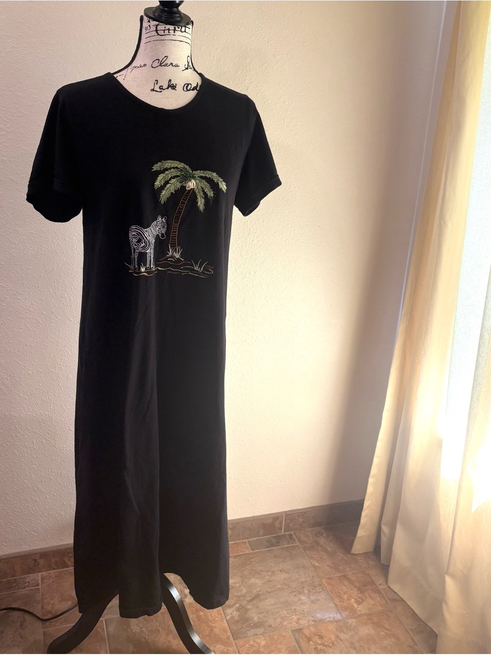 Black Maxi Cotton House Dress with Palm & Zebra Embroidery